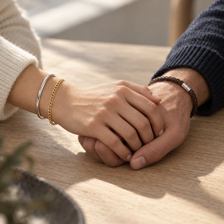 Armbånd i guld, sølv og læder Armbånd i guld, sølv og læder