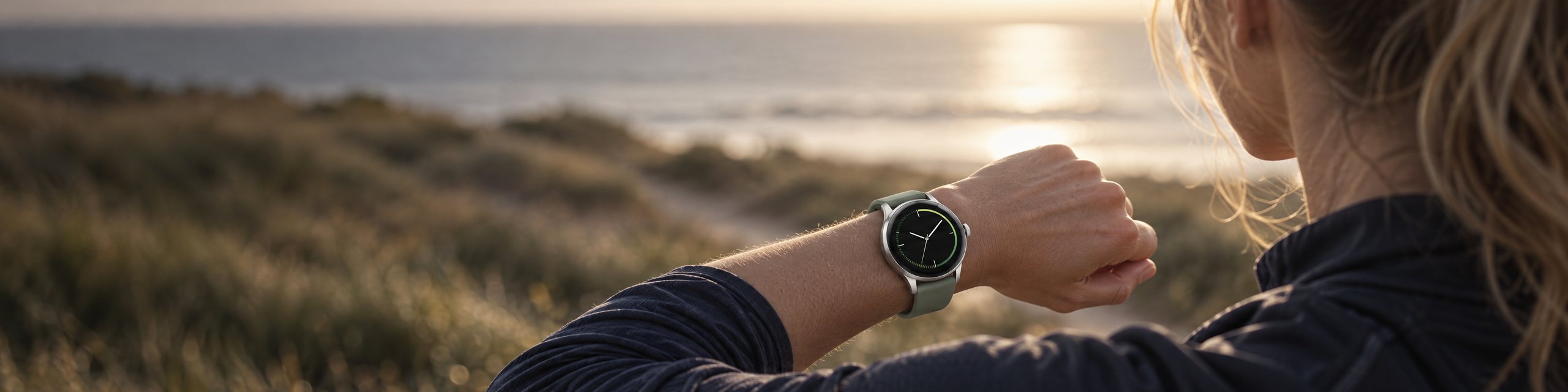 Løber tjekker sit smartwatch ved havet Løber tjekker sit smartwatch ved havet