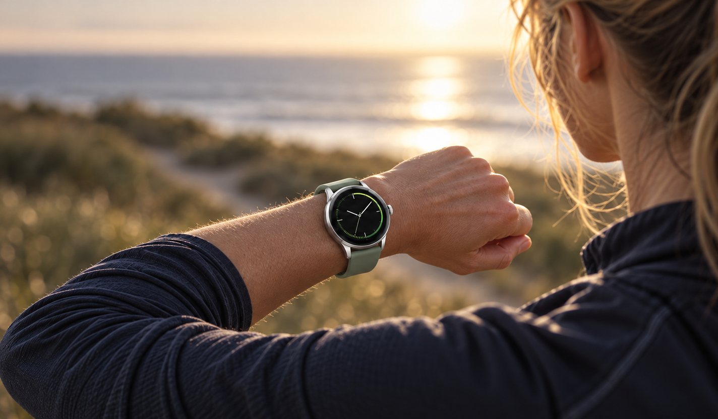 Løber tjekker sit smartwatch ved havet Løber tjekker sit smartwatch ved havet